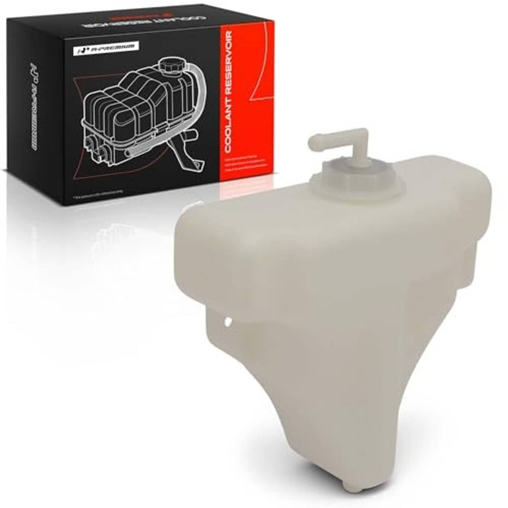 White coolant expansion reservoir tank with cap, rounded body and hose port