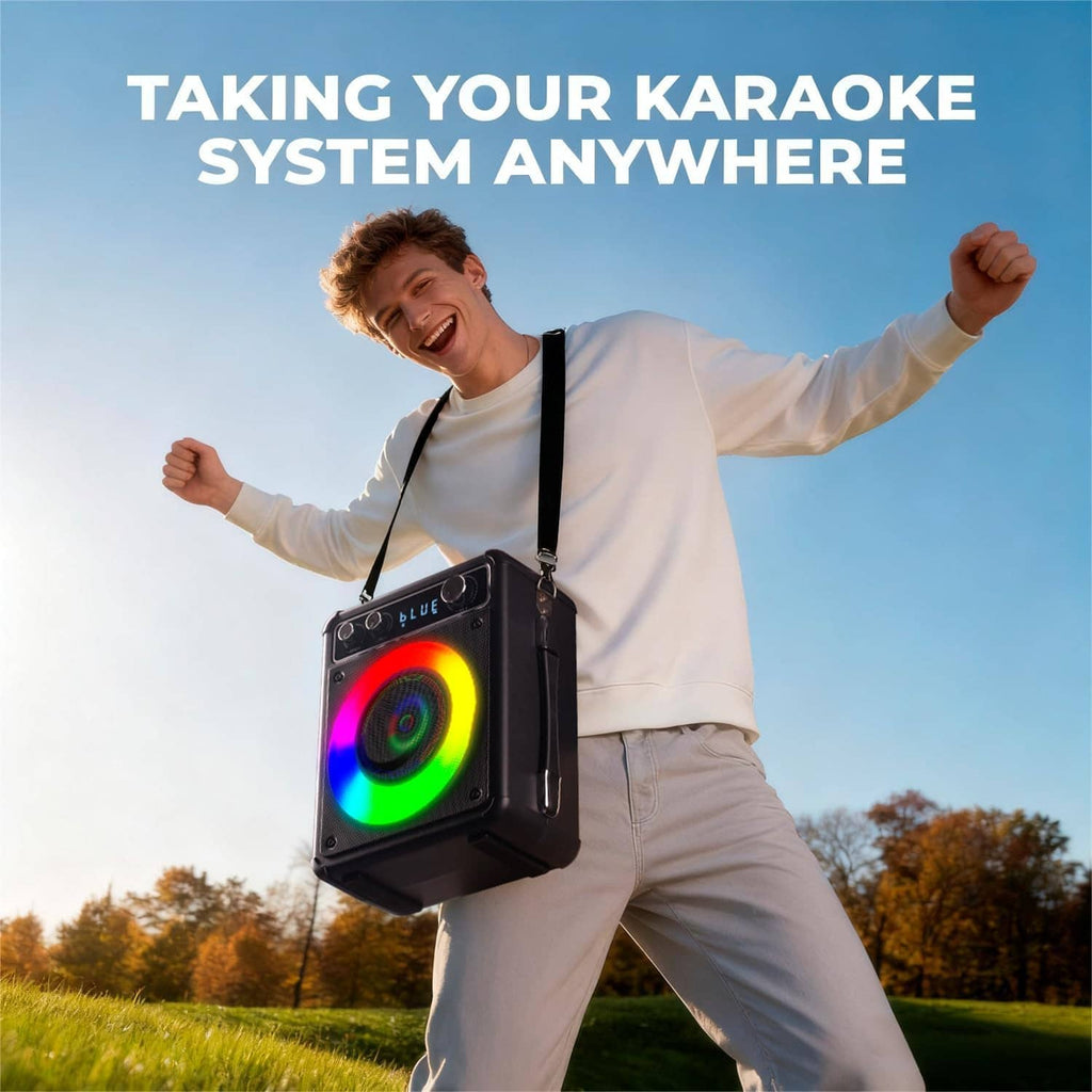 Portable karaoke speaker with shoulder strap and glowing LED color ring