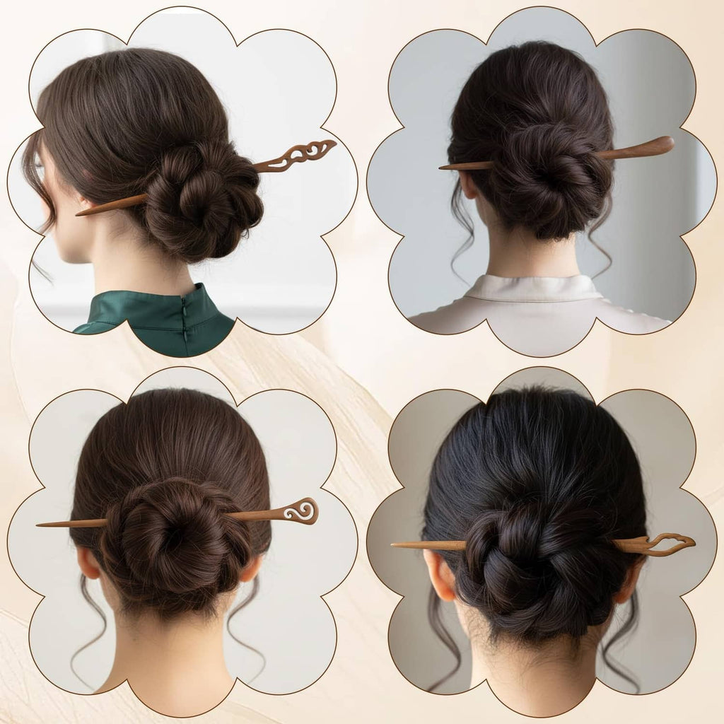 Wooden hair sticks in swirl designs securing four bun updo angles