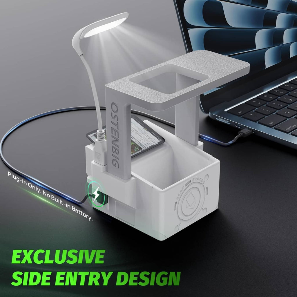 White card scanner stand with side entry slot and LED lamp on flexible cord