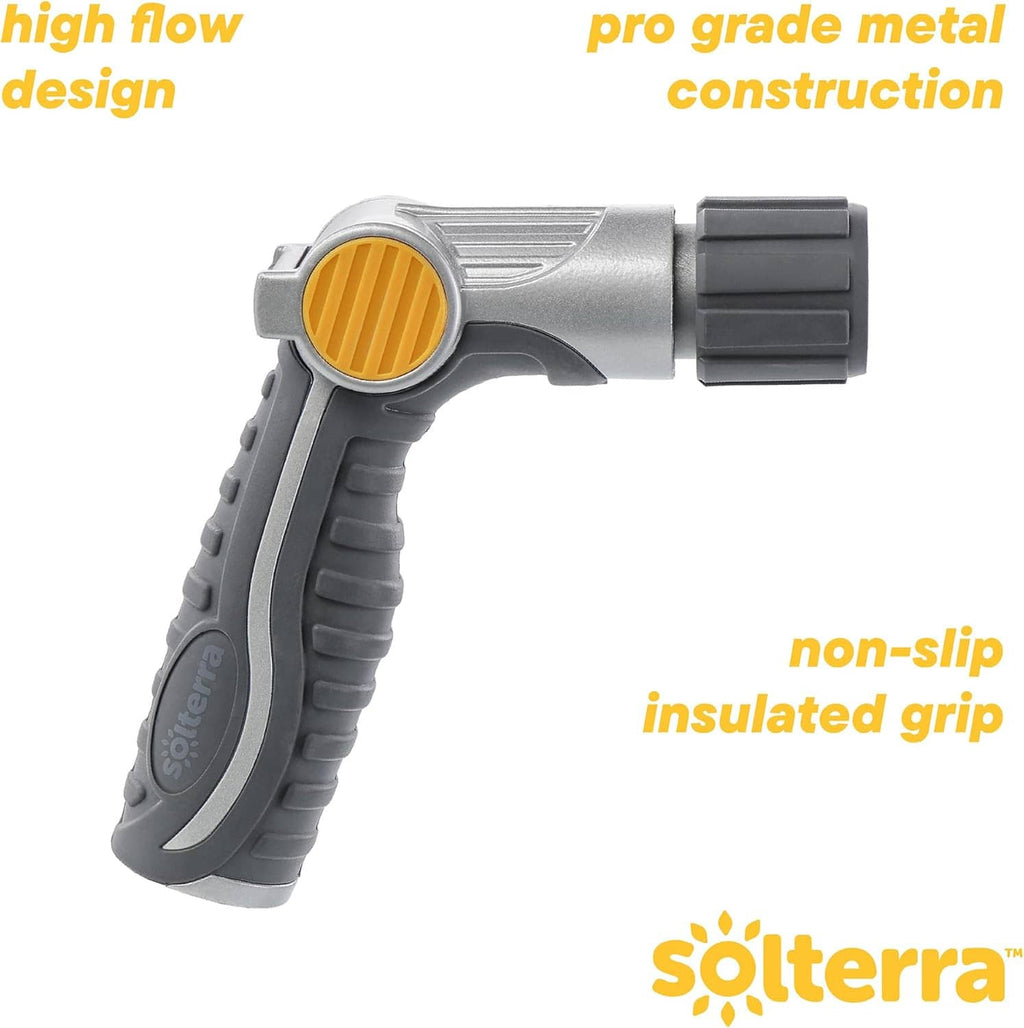 Adjustable garden hose nozzle with non-slip insulated grip and yellow control dial