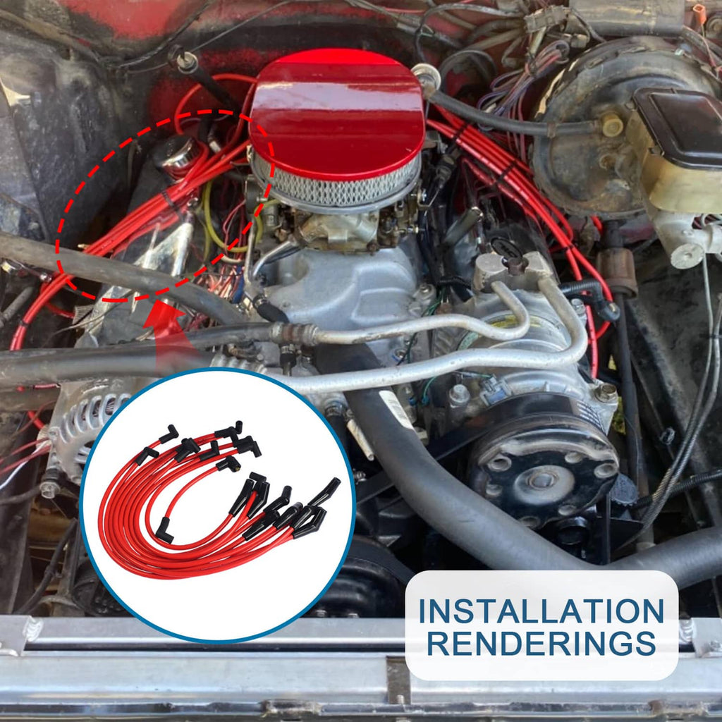 Red spark plug wires with black boots installed in the engine bay