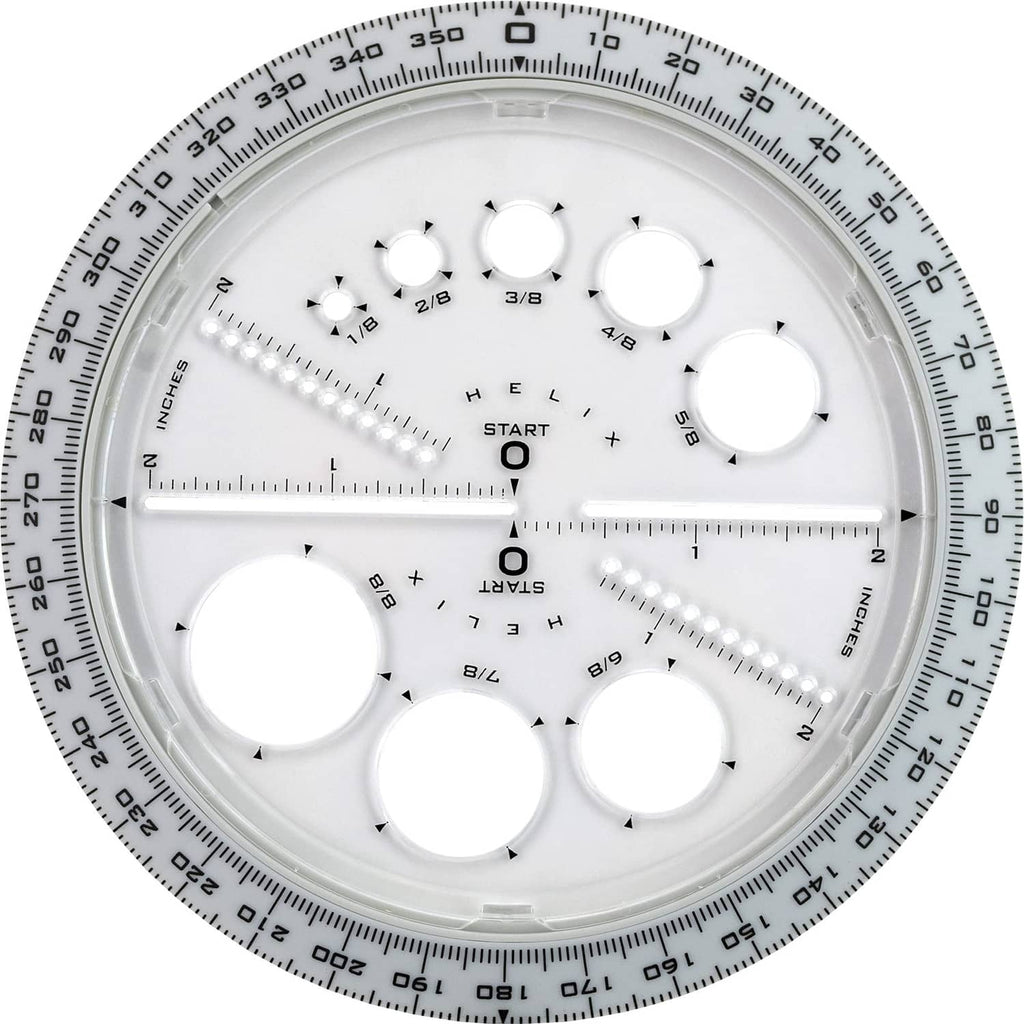 Angle and circle maker with grey protractor ring and white template disc with cutouts