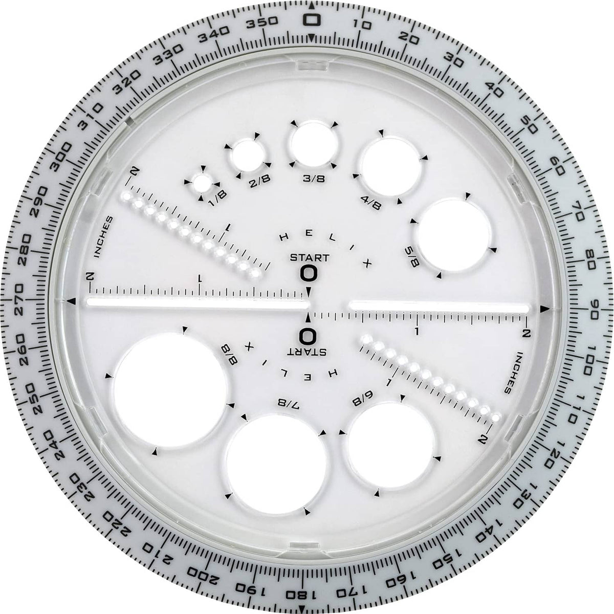 Angle and circle maker with grey protractor ring and white template disc with cutouts