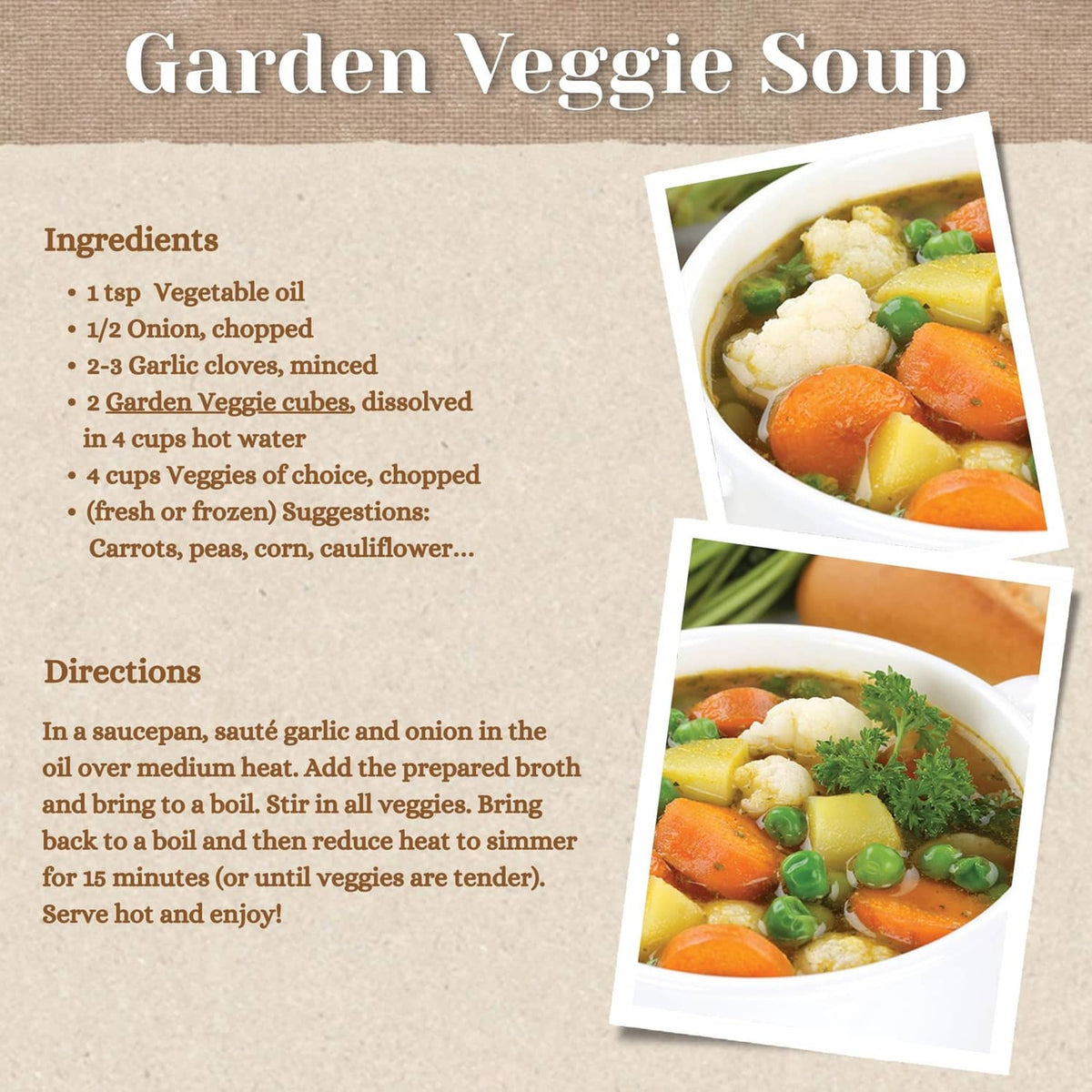Garden veggie soup ingredients and directions panel with soup bowl photo
