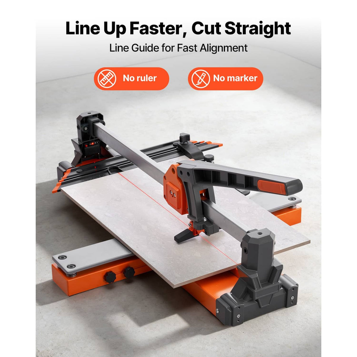 Manual tile cutter with line guide for fast alignment, feature callouts shown on frame