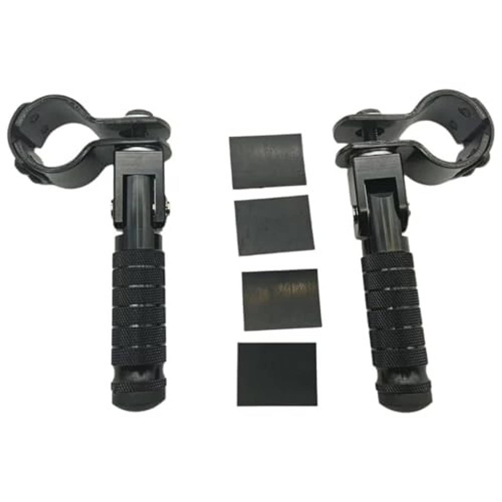Universal foldable foot pedals with black grips and metal clamp housings