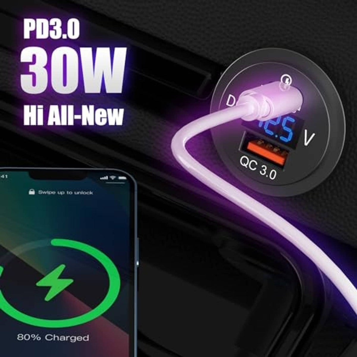 Black car USB charger with Type-C PD and QC 3.0, shown with attached cable