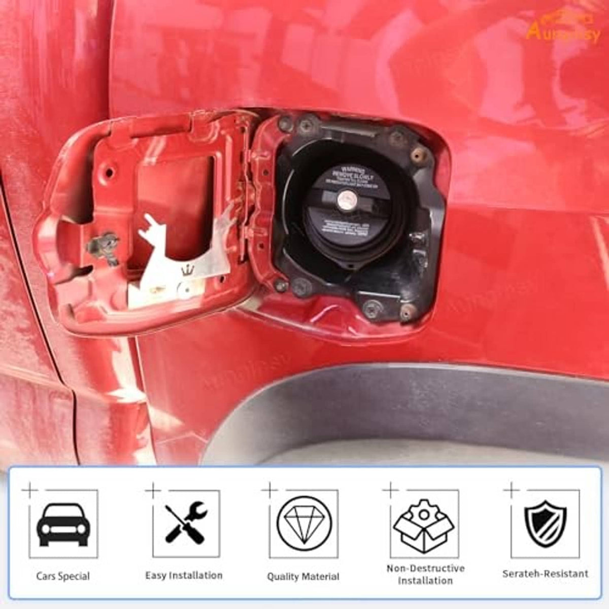 Fuel tank lock cap replacement set shown on fuel door with accessory icons