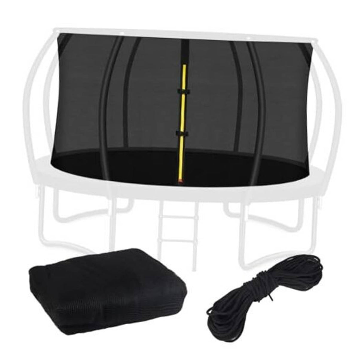 Black trampoline enclosure top net with curved pole sleeves and included tie straps