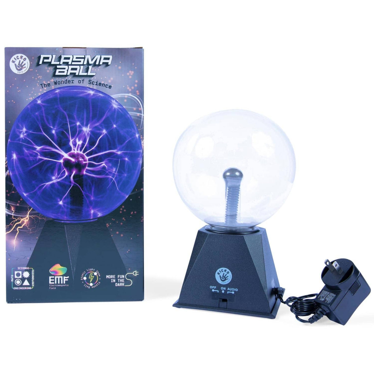 Plasma ball starter kit with purple globe, black base, and power adapter