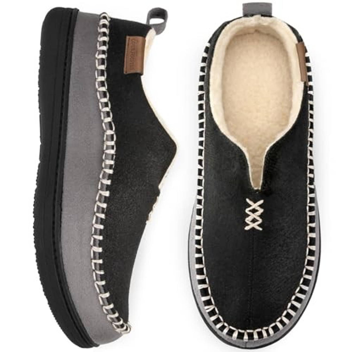 Men's black suede moccasin slippers, side view with light faux-fur lining