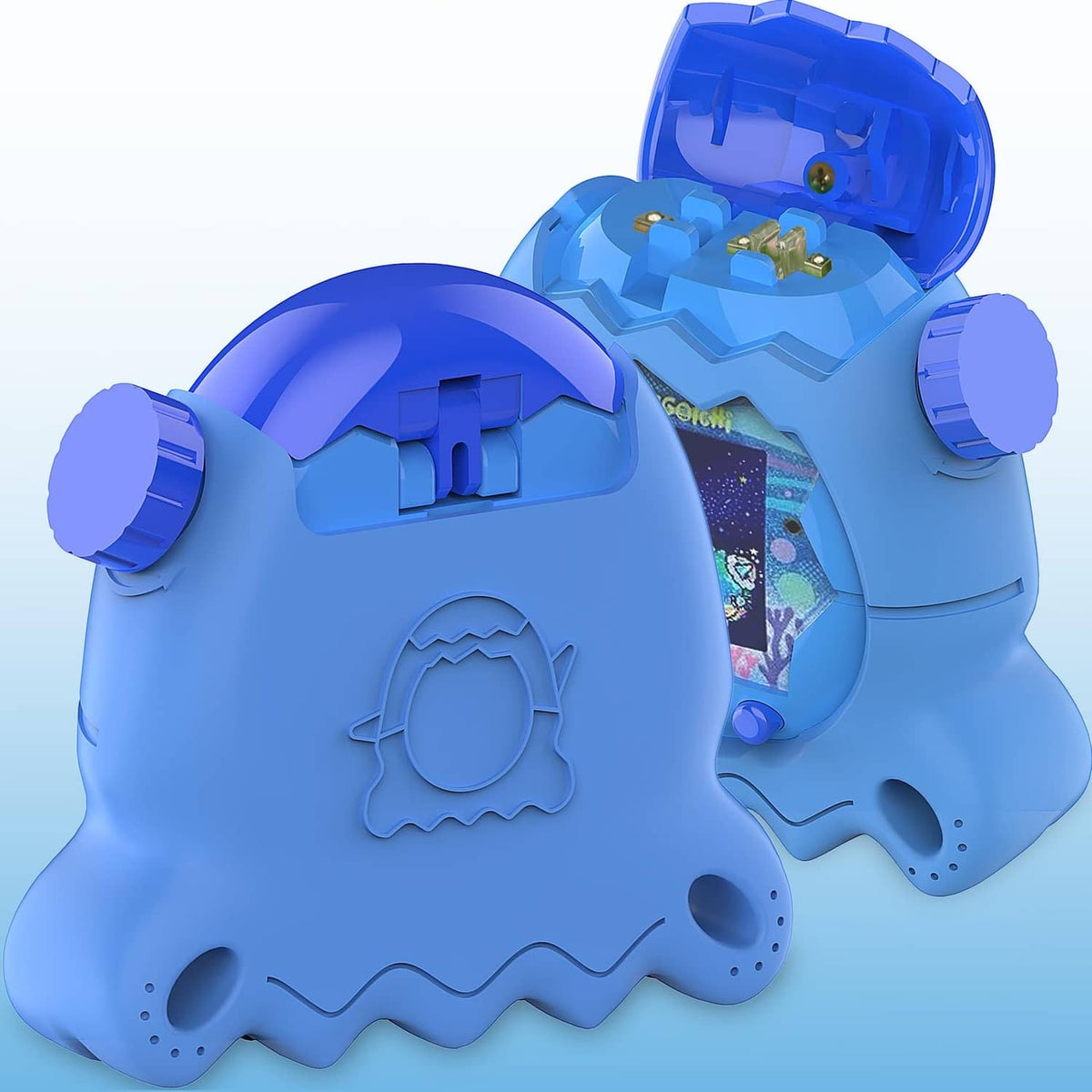 Blue silicone cover case with open back revealing interior and screen window