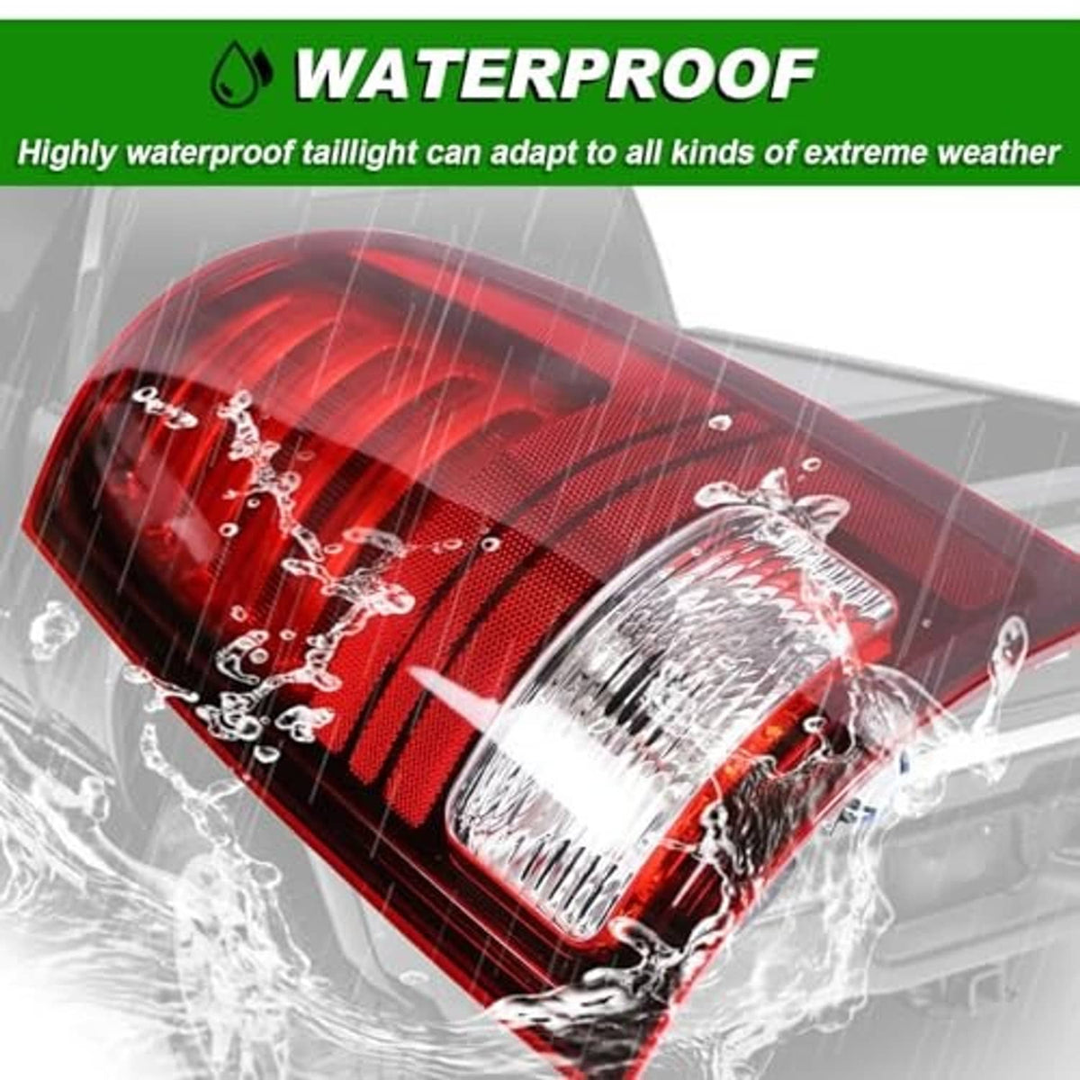 Waterproof right tail light with red lens and clear reflector, angled close-up