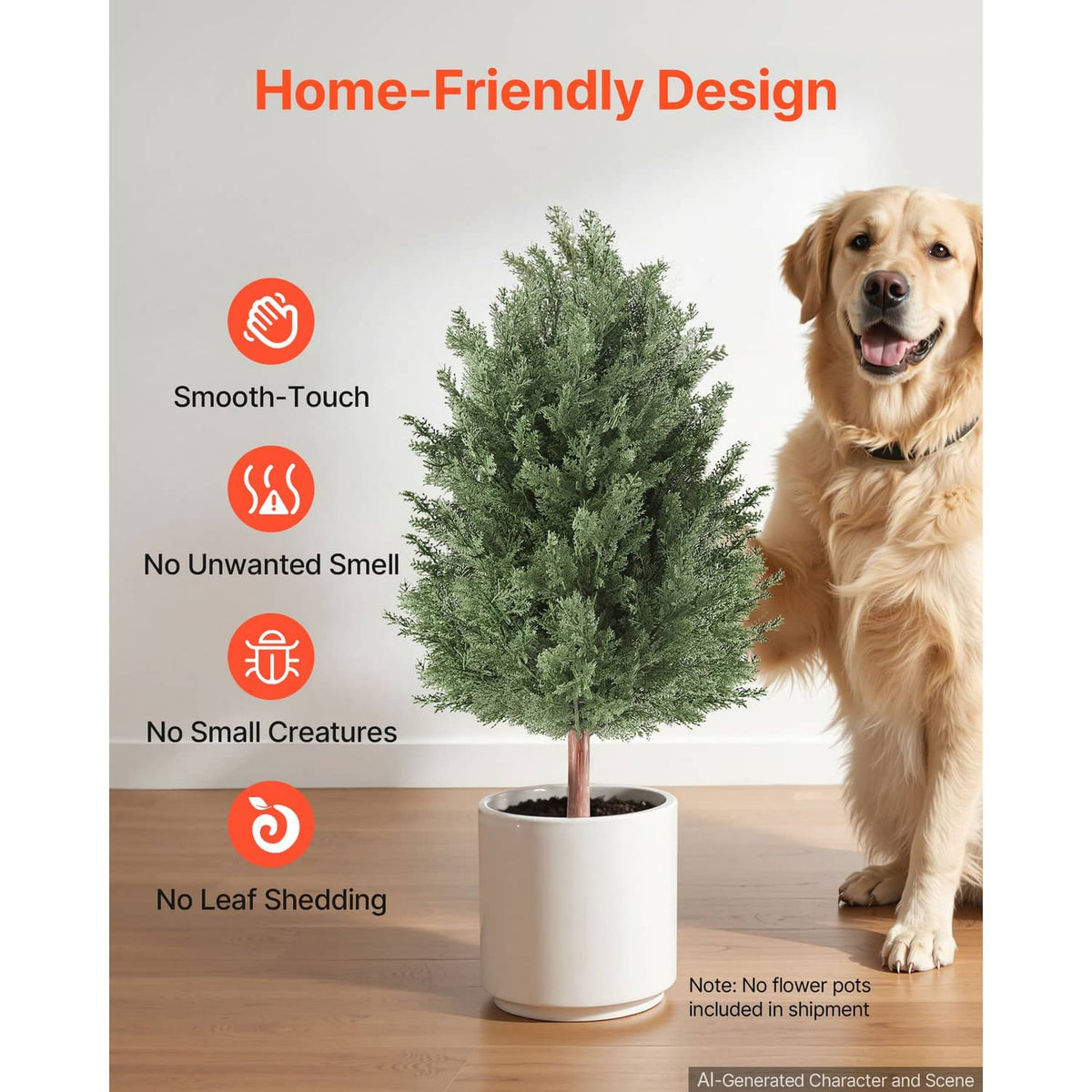 Artificial cedar topiary bush with green leaves in white pot, smooth-touch design