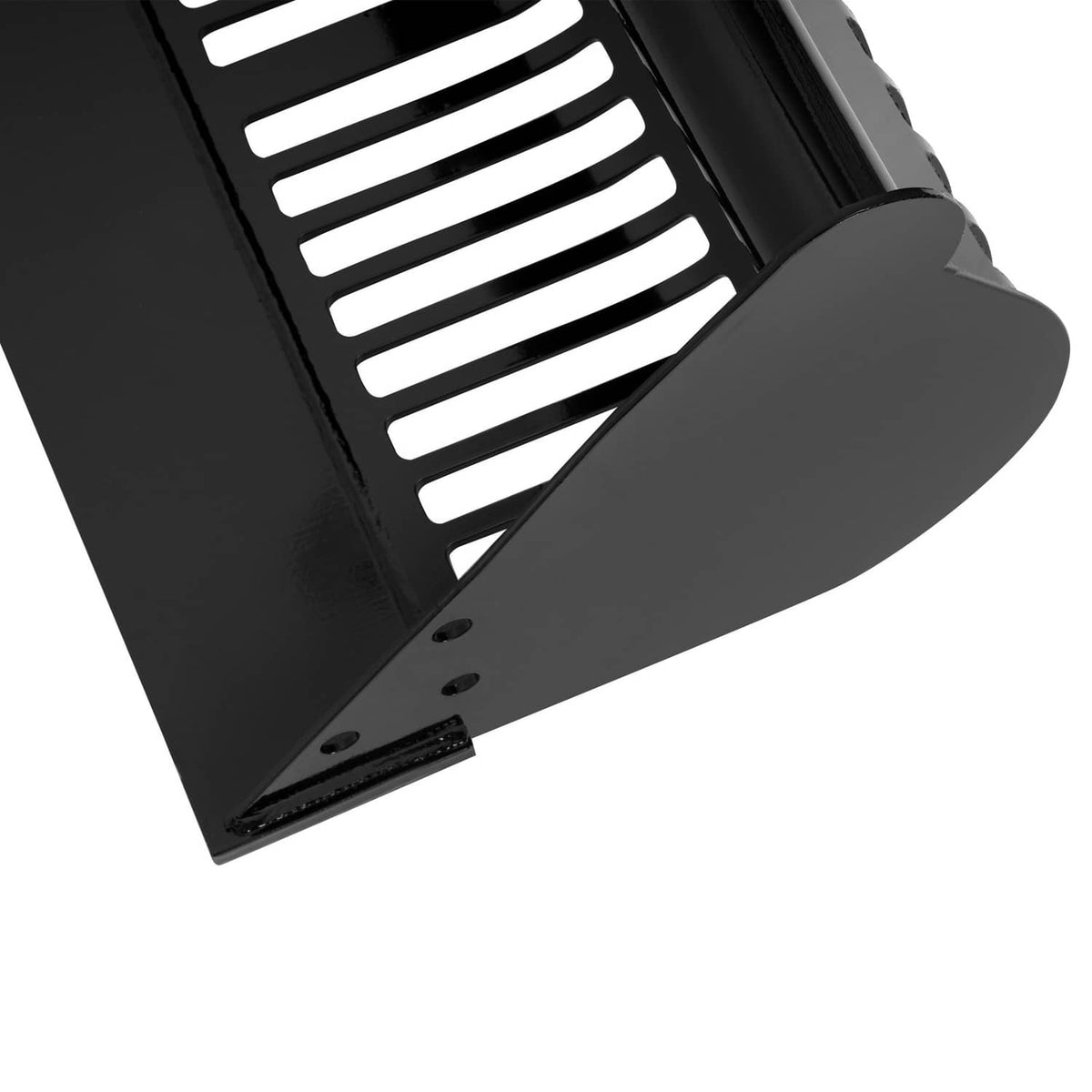 Black steel mud bucket base with slotted screen openings and mounting holes