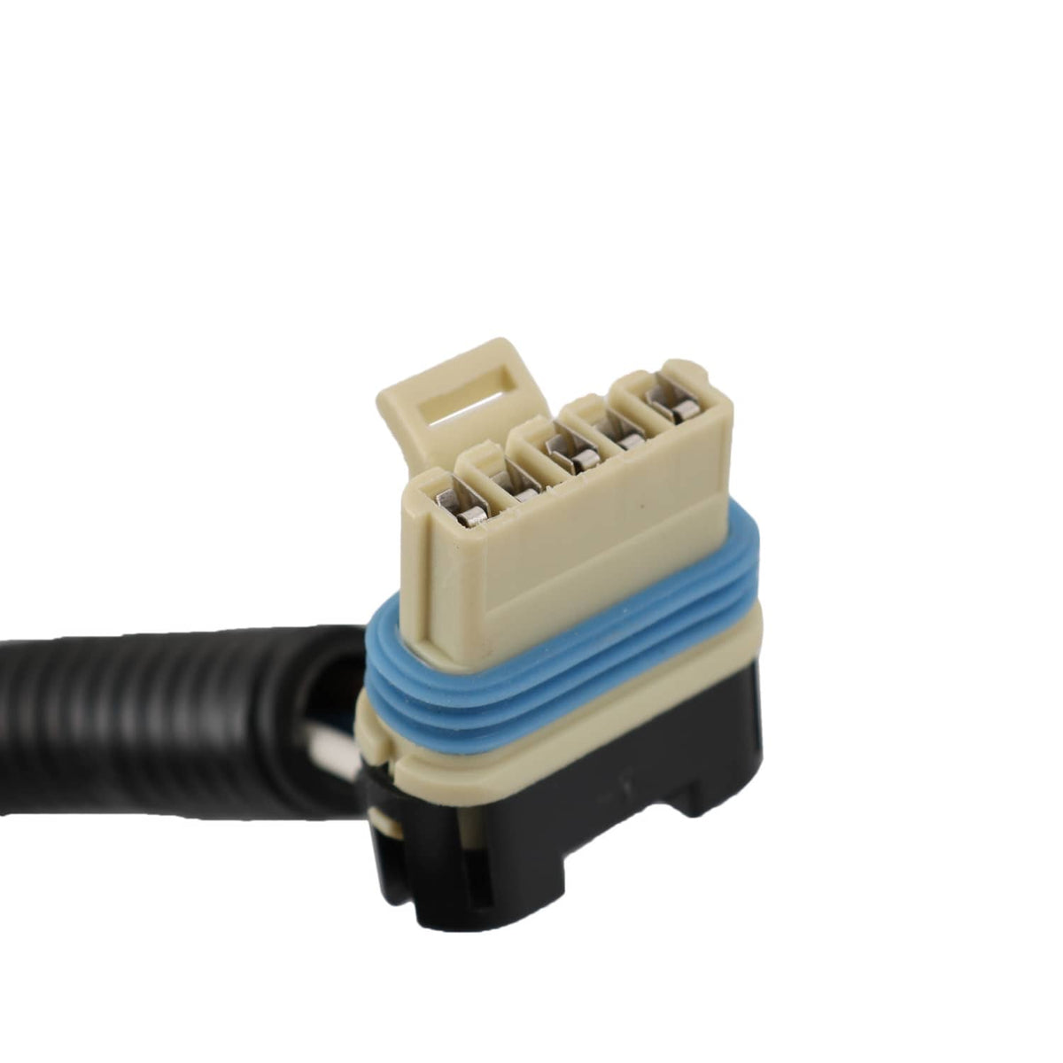 Wire harness connector with beige socket and black-and-blue retaining ring