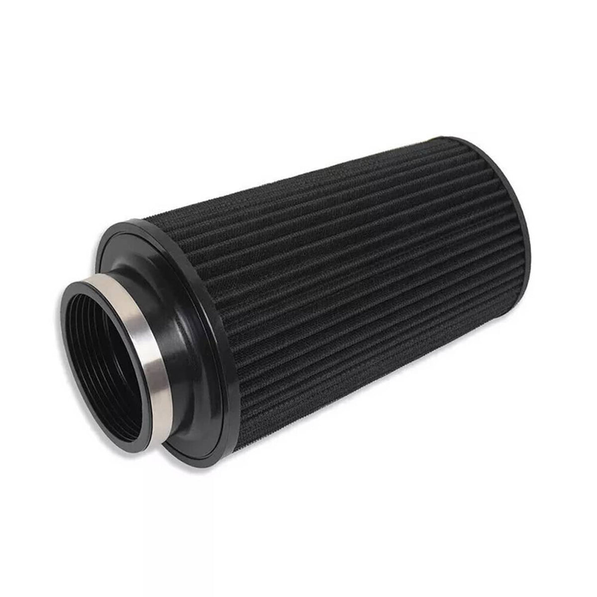 Black cone air filter with ridged media and silver metal mounting ring.