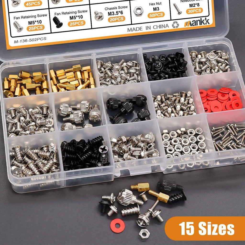 Computer screw assortment kit with compartment organizer and loose screws, red washers included