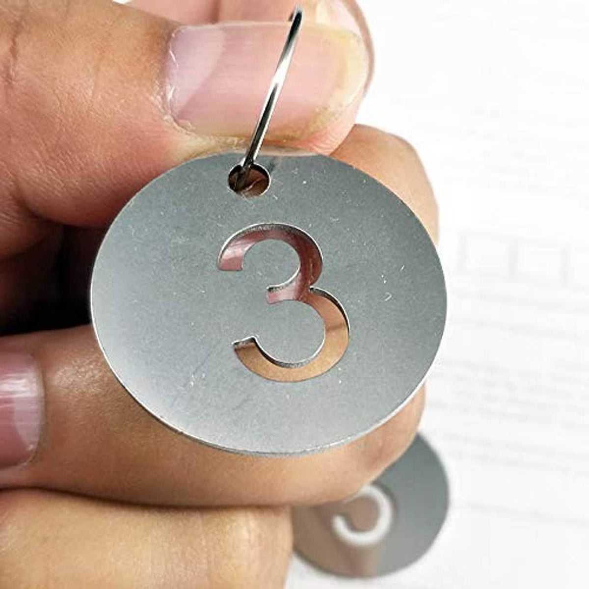 Stainless steel number key tag with ring, number 3 shown