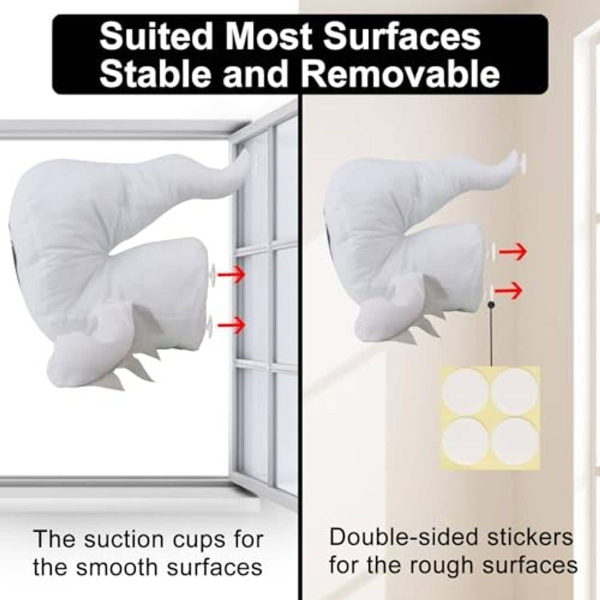 White plush ghost window decoration with suction cups; tail pose for smooth sticking