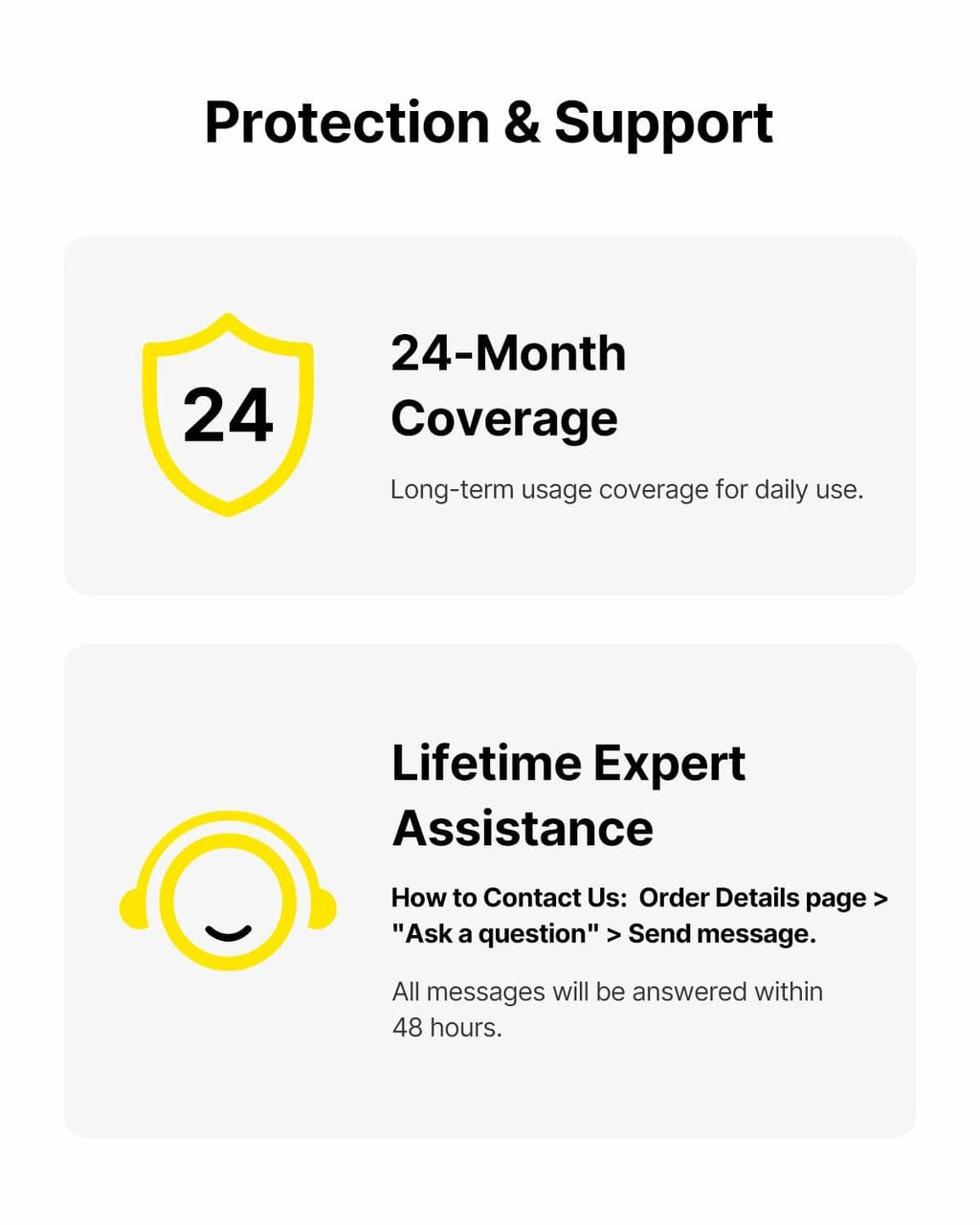 Warranty and support icons: 24-month coverage and lifetime expert assistance