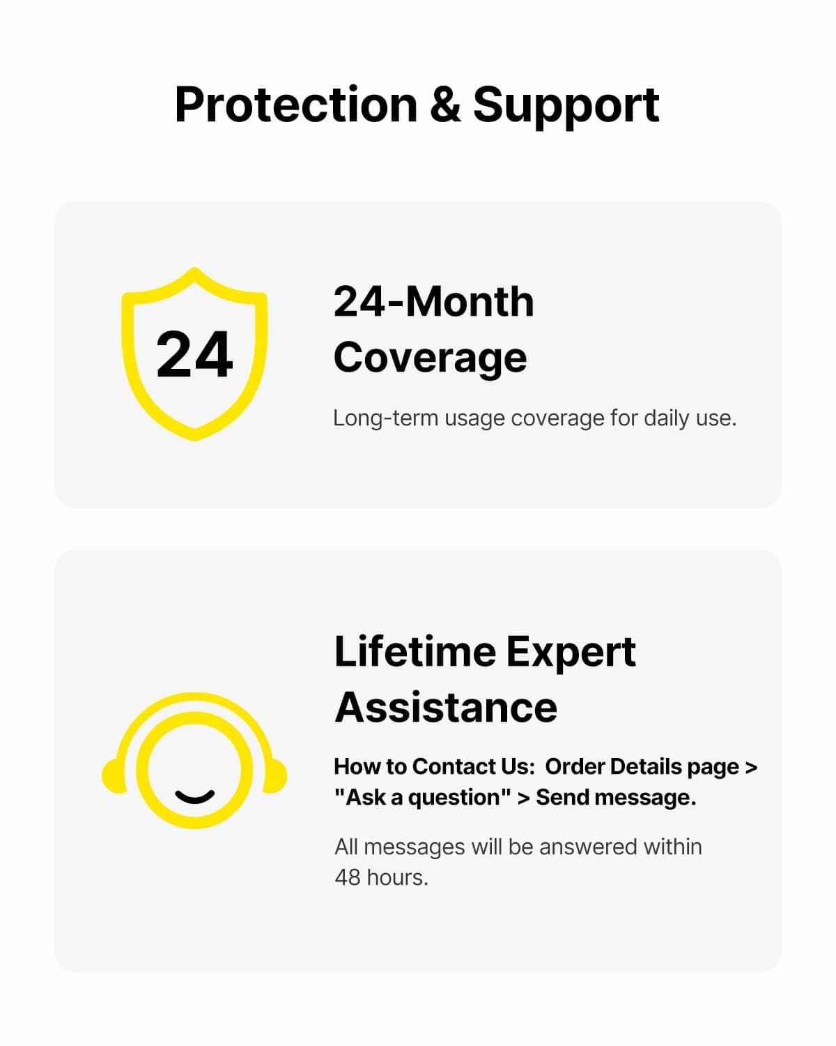 Warranty and support icons: 24-month coverage and lifetime expert assistance