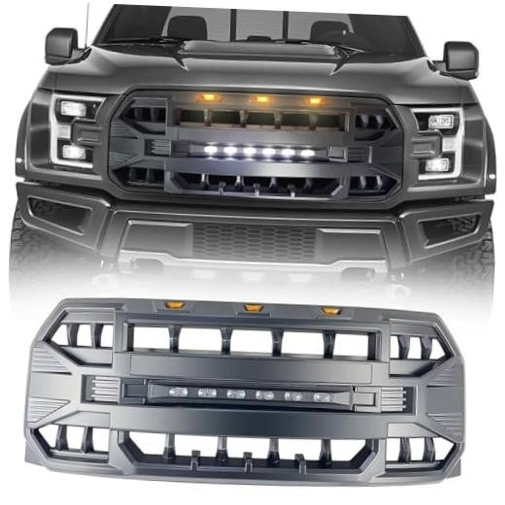 Matte black front grille replacement with central LED bar and amber marker lights
