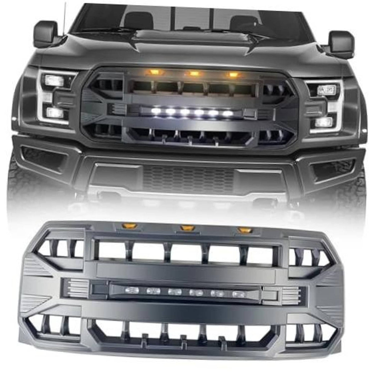 Matte black front grille replacement with central LED bar and amber marker lights