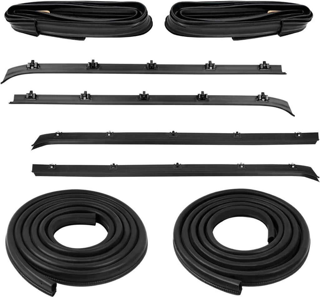 Black door window weatherstrip seal kit with multiple long strips, clips, and coiled pieces