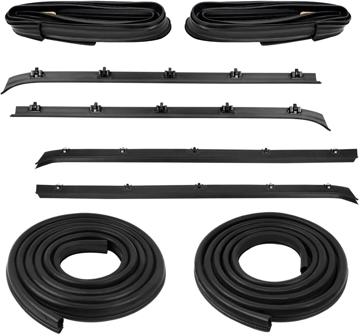 Black door window weatherstrip seal kit with multiple long strips, clips, and coiled pieces