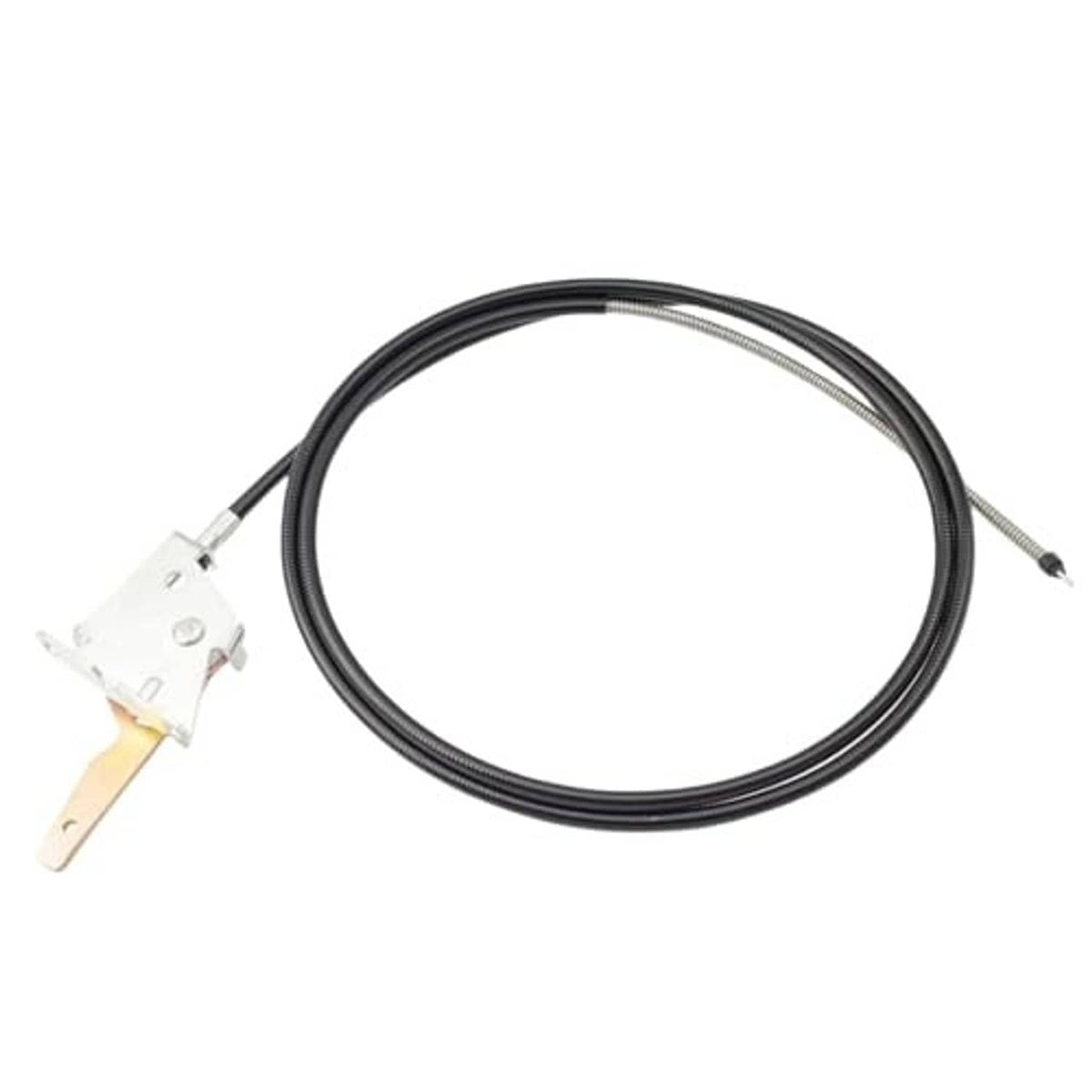 Throttle/choke cable assembly with black cable, white connector, and metal lever tab