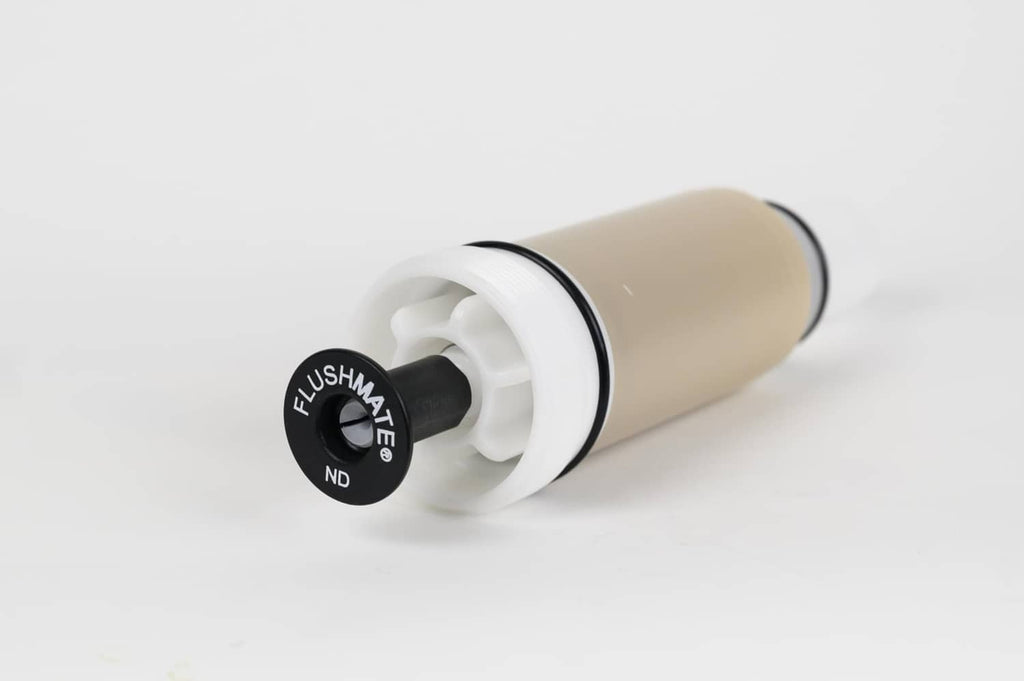 Flushmate flush valve cartridge with black FLUSHMATE ND cap and beige body