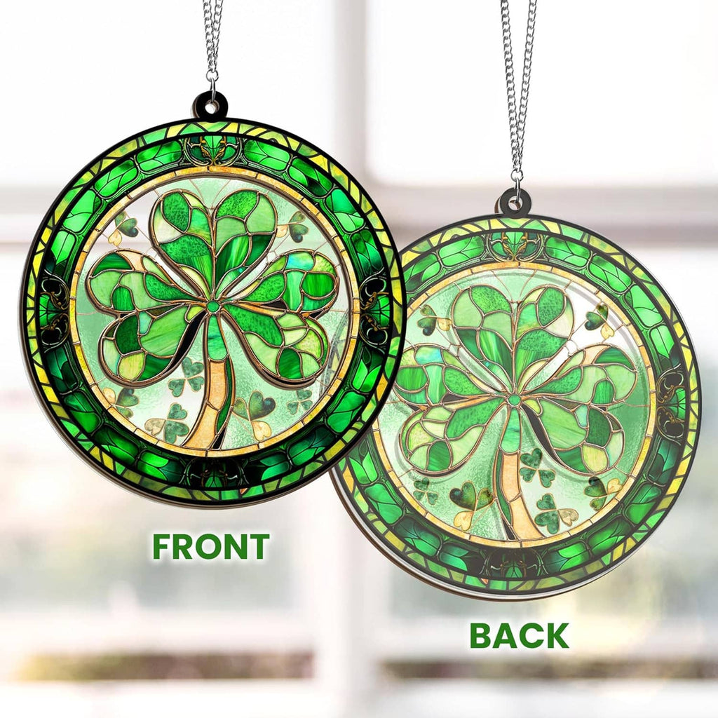 Hanging round shamrock suncatcher showing front and back views in green stained-glass style