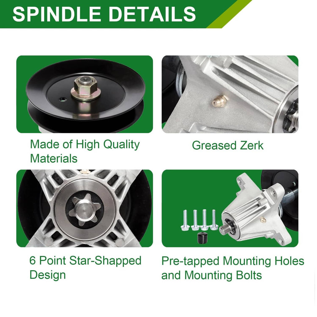 Spindle assembly with black pulley, greased zerk, and pre-tapped mounting holes