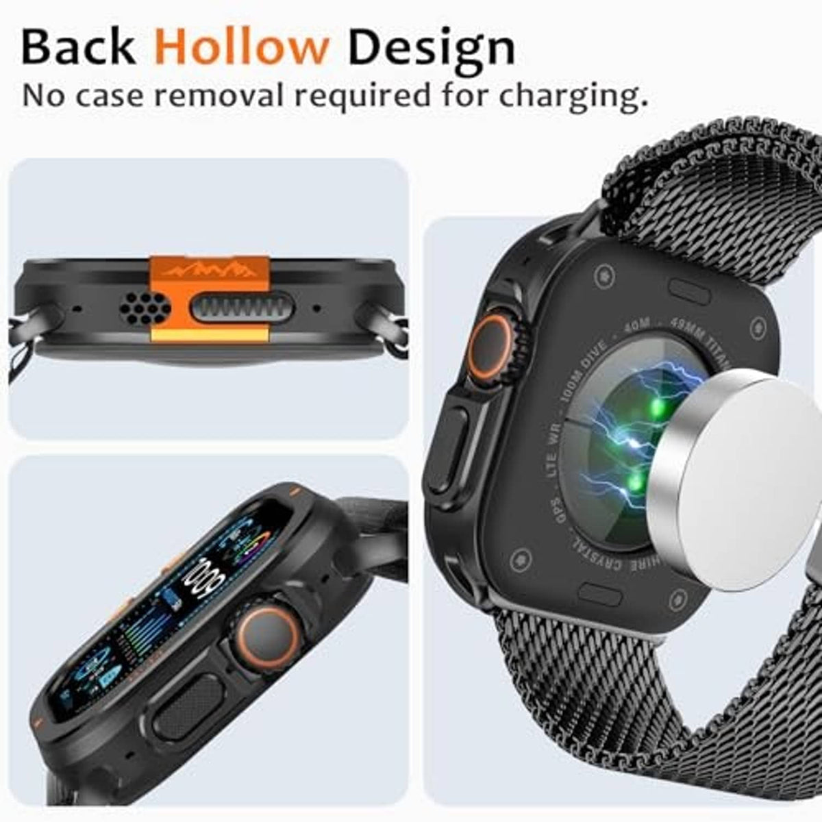 Black watch case with hollow back charging opening, on metal mesh band