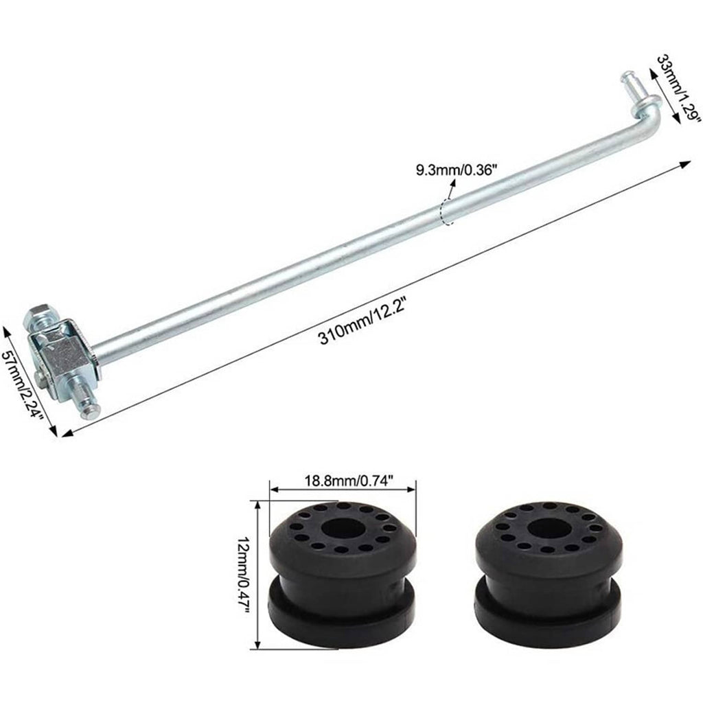 Metal shifter linkage rod and two black grommet bushings, with measurements