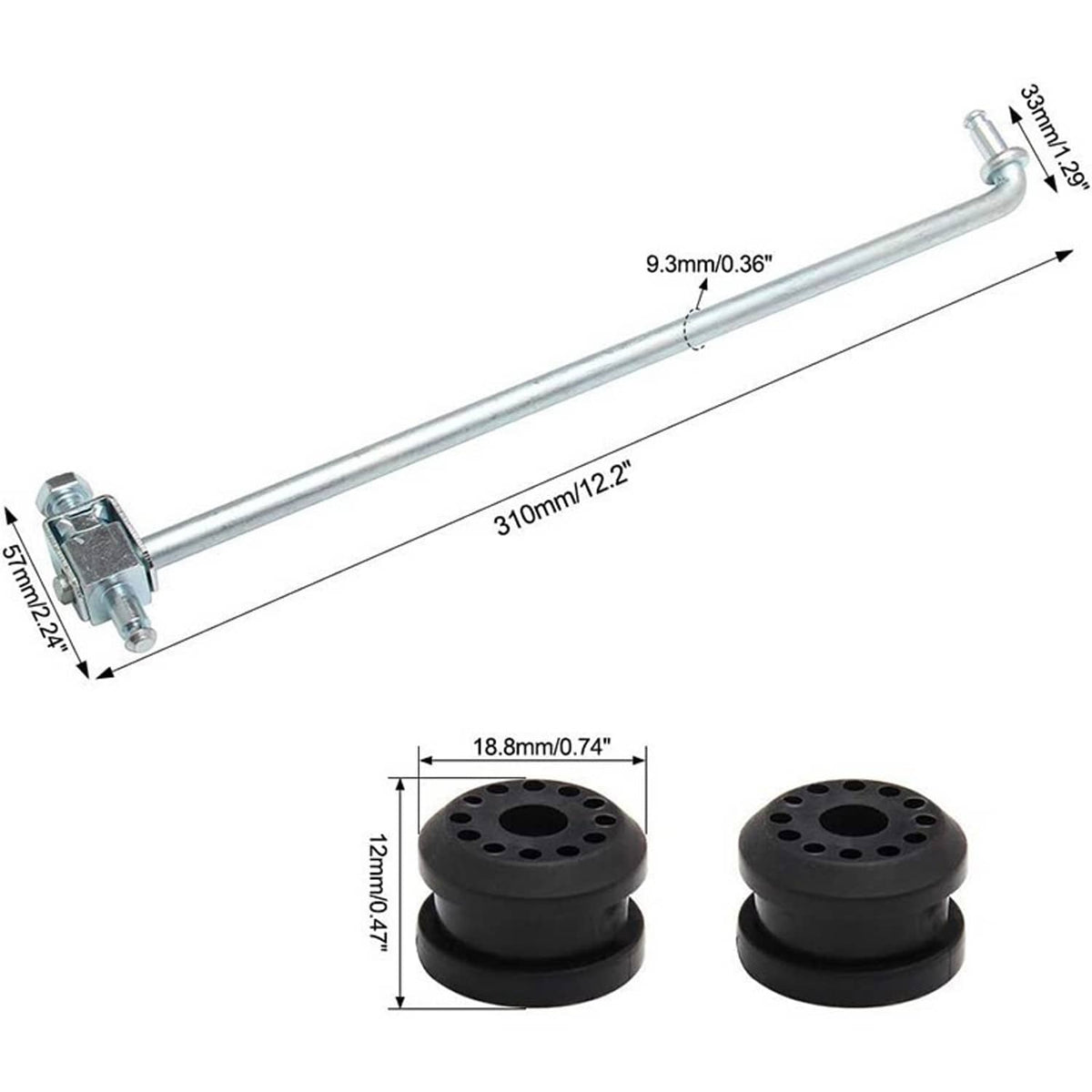 Metal shifter linkage rod and two black grommet bushings, with measurements