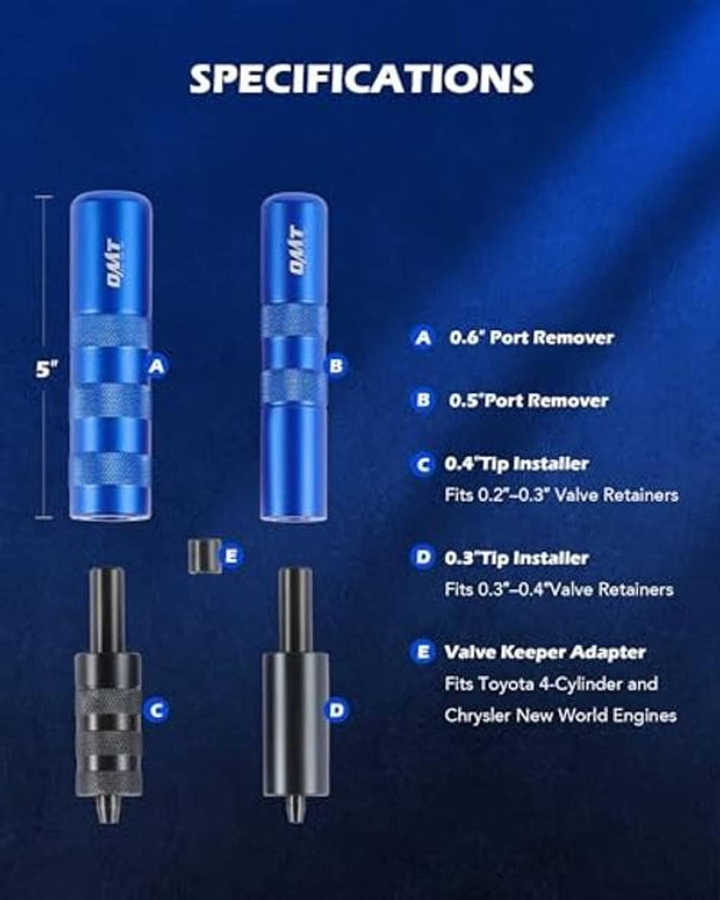 Valve spring compressor set with blue handles and black adapter shafts for valve retainers