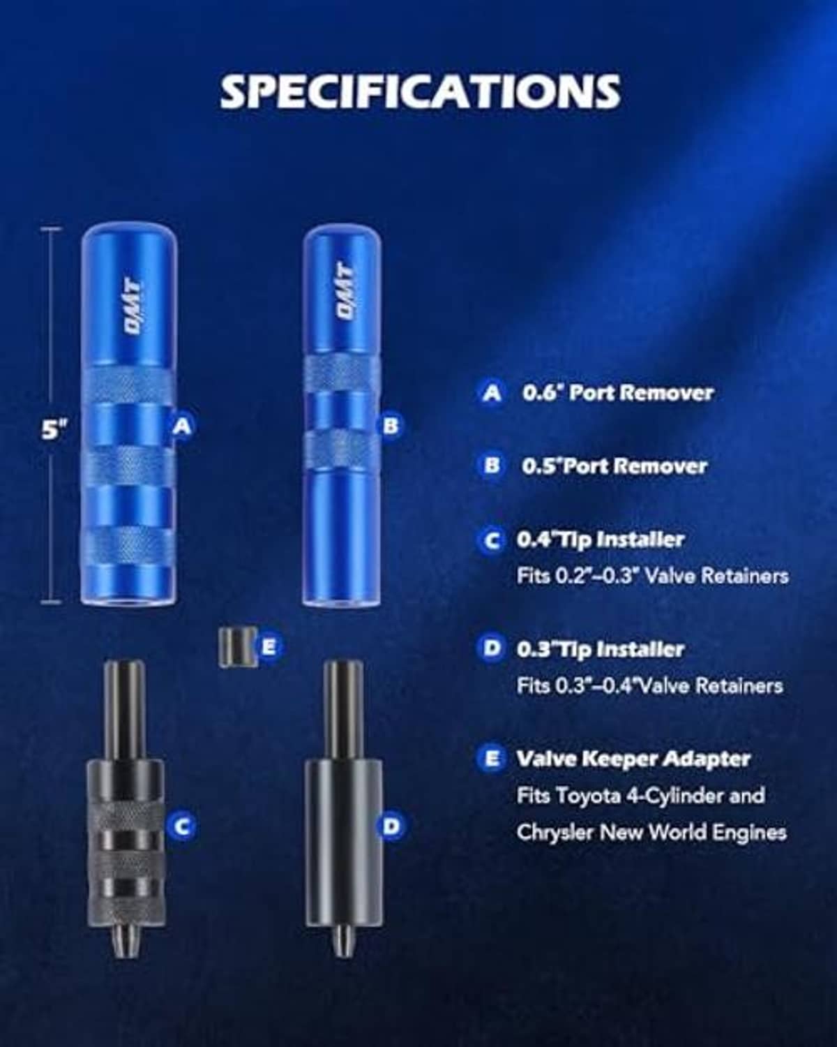 Valve spring compressor set with blue handles and black adapter shafts for valve retainers