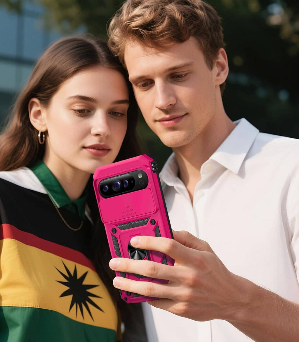 Rugged pink Pixel phone case with screen protector, shown in hand