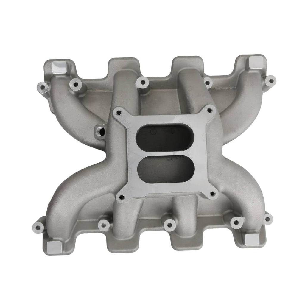 Gray intake manifold with dual oval port openings and mounting flange bolt holes