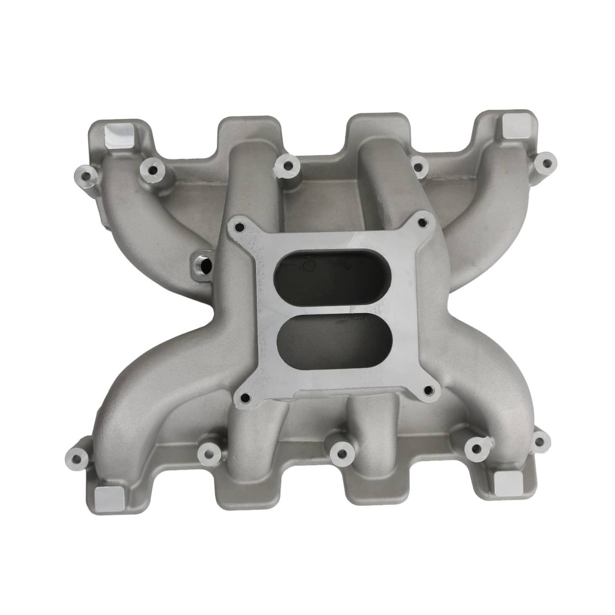 Gray intake manifold with dual oval port openings and mounting flange bolt holes