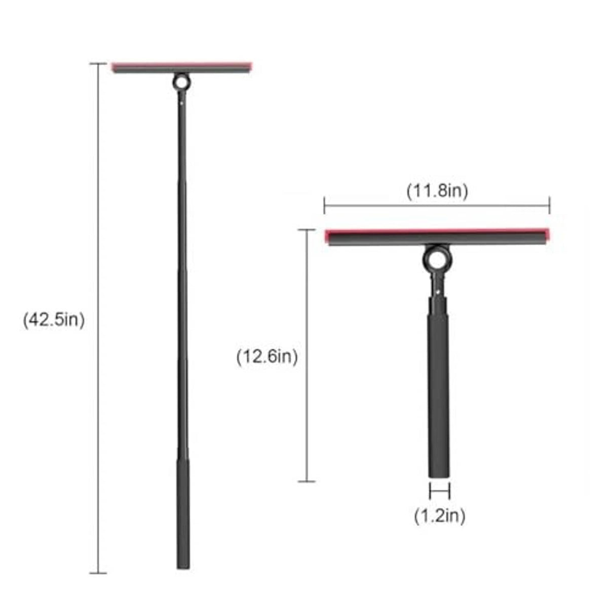 Shower squeegee with black handle and red-edge blade, showing length dimensions
