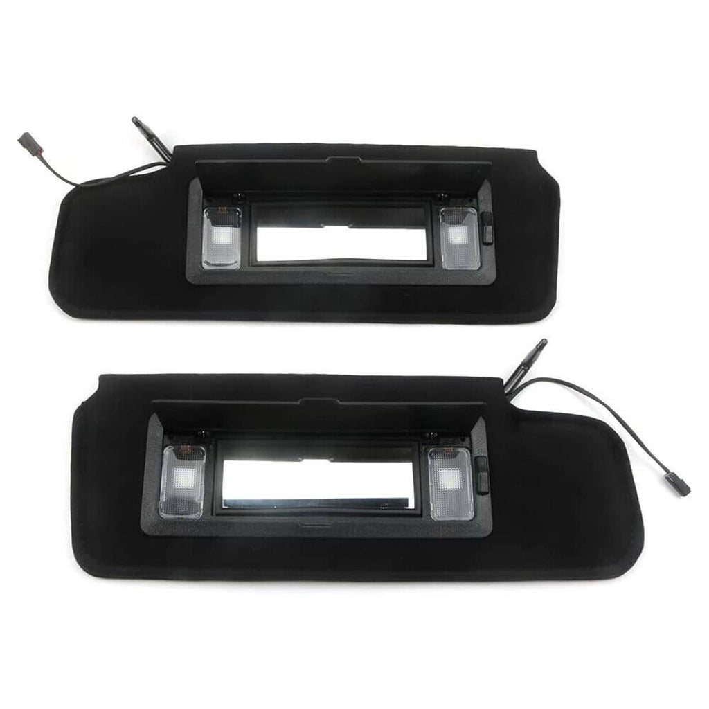 Black car sun visors with LED vanity mirror housings, 2-pack front view
