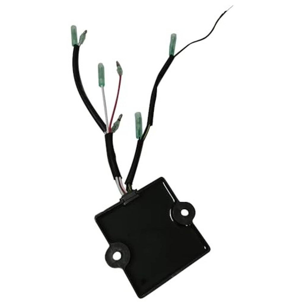 Black ignitor box with attached wire leads and two mounting holes