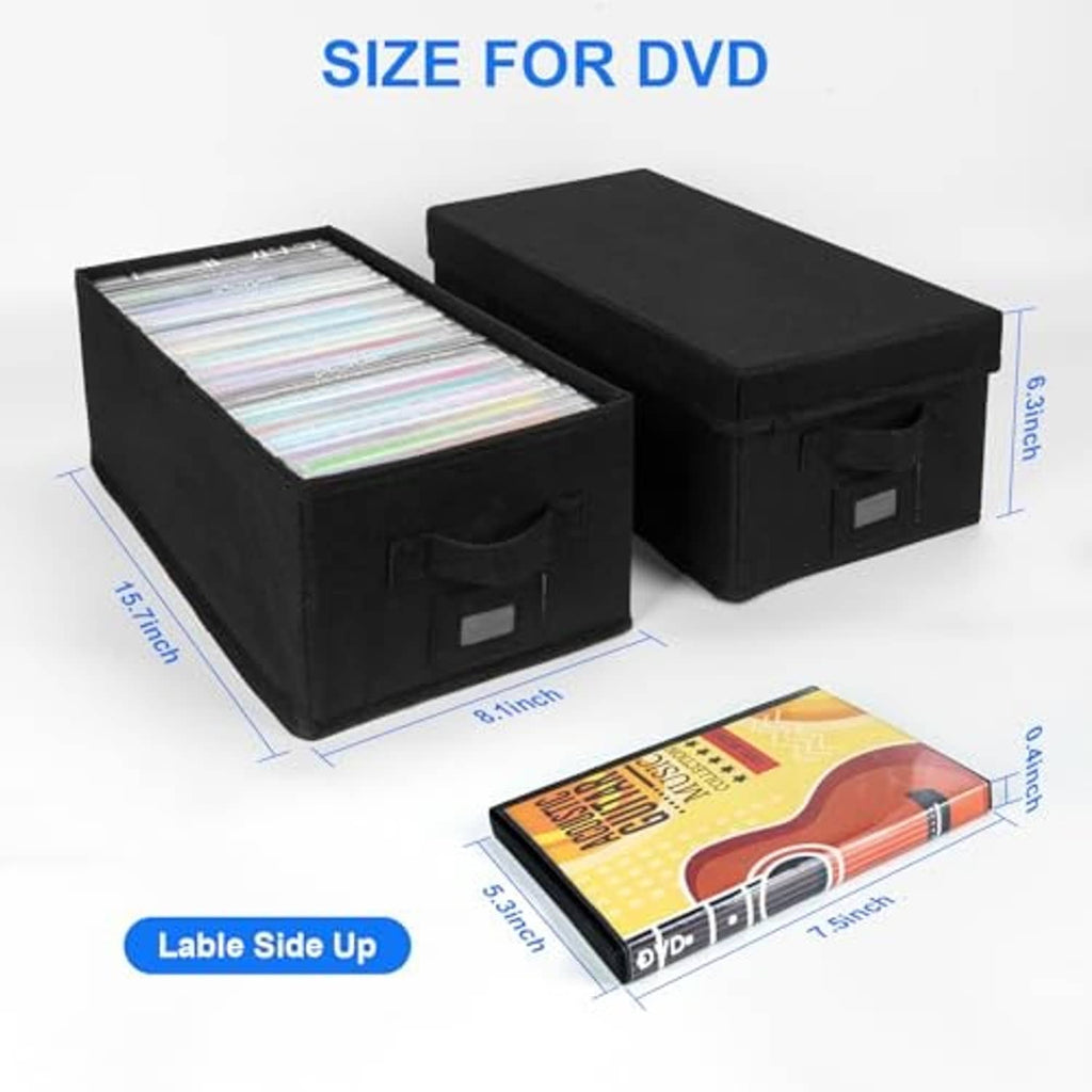 Black fabric DVD storage boxes with hinged lids and front label panels