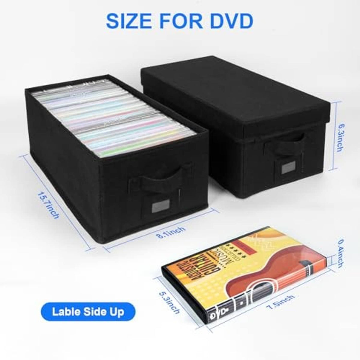 Black fabric DVD storage boxes with hinged lids and front label panels