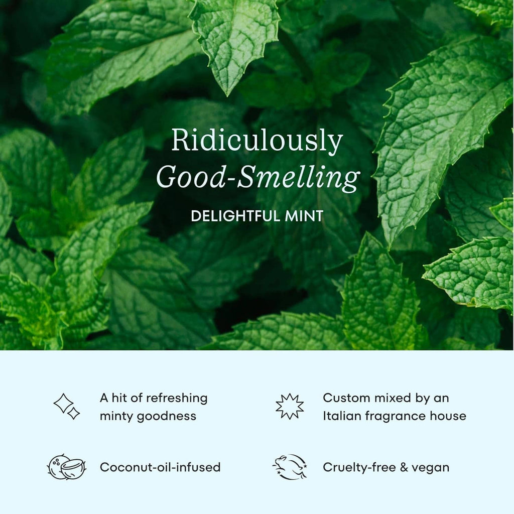 Mint dental floss benefits infographic with coconut-oil infused and cruelty-free icons.