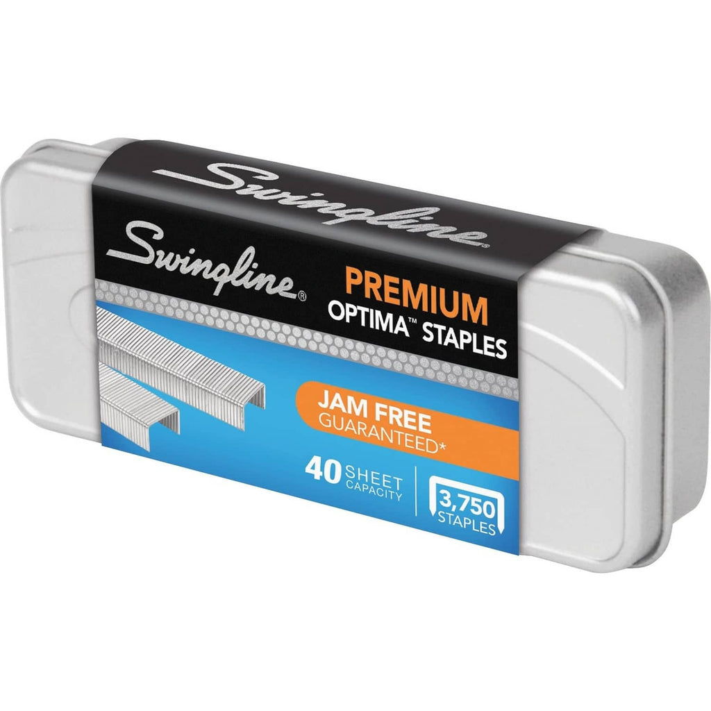 Swingline PREMIUM OPTIMA staple tin, angled view of label and blue panel